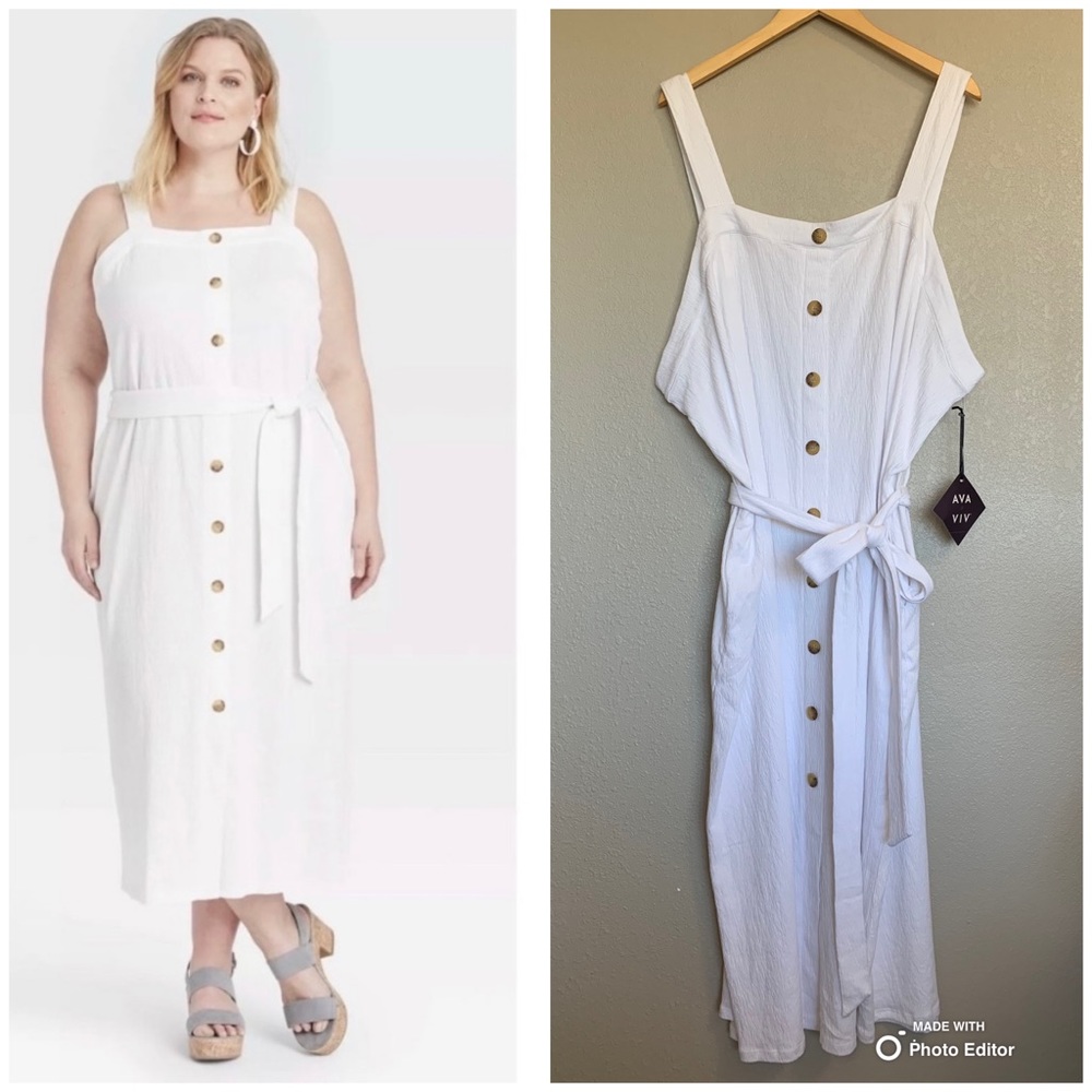 Ava & Viv White Button-Front Maxi Dress with Tie Belt